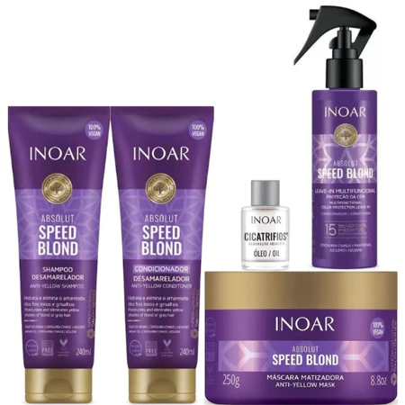 KIT INOAR SPEED BLOND SHAMPOO E CONDICIONADOR 2X240ML+MASCARA 250G+LEAV 200ML+ÓLEO CICATRIFIOS7ML