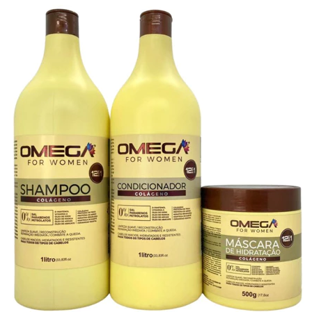 Kit Capilar COLÁGENO 12 em 1 Shampoo Condicionador 1 Litro e Máscara 500g Omega Hair