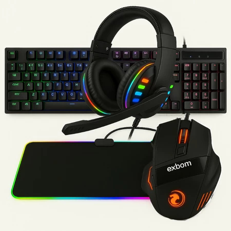 Kit Gamer Teclado Semi-mecânico RGB, Mouse RGB, MousePad LED Preto, Mousepad Mundo, Headphone Fone