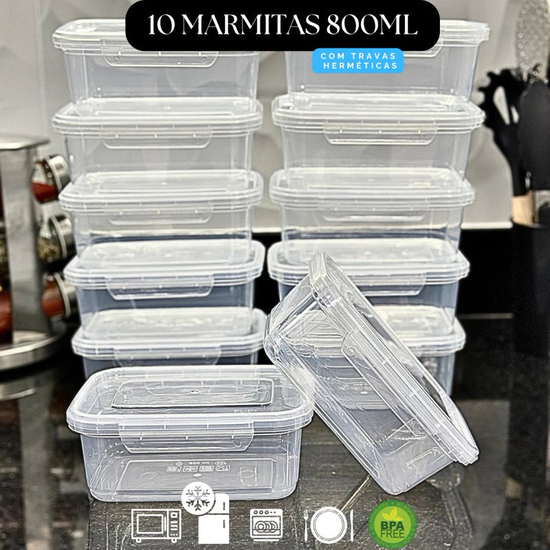 Kit 10 Marmita Potes 800ml com Travas Laterais BPA FREE - Alimentos organizadores de congelador