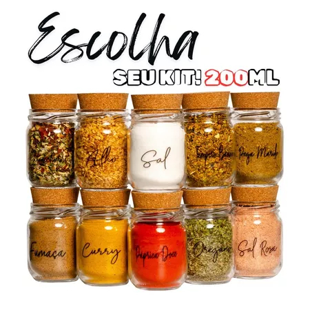 Kit 10 Potes de Tempero 200ml + Cartela com 42 Adesivos | Porta Tempero de Vidro | Pote para Tempero