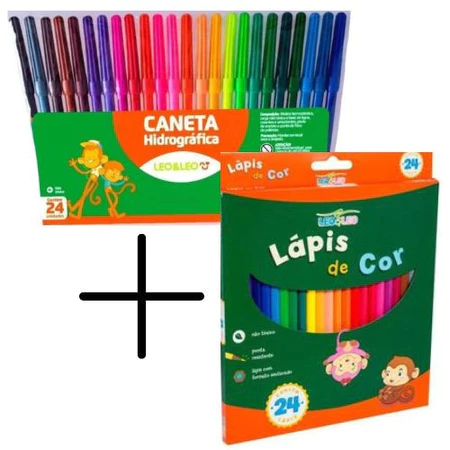 kit Lápis de Cor 24 cores e Caneta Hidrográfica 24 cores Canetinha Leo e Leo