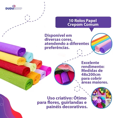 10 Rolos Papel Crepom Comum 48x200cm Papel Escolar Artesanato Decoração Colorido Papel Escola