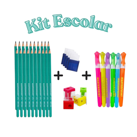 Kit Escolar 30 Lápis Escrever + 6 Borracha + 6 Apontador Mini C/ Depósito + Marca Texto Slim Neon