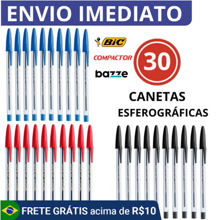30 Canetas Esferograficas 1.0 Vermelho Azul e Preto Marcas Variadas Para Escola ou Escritório Com Envio imediato