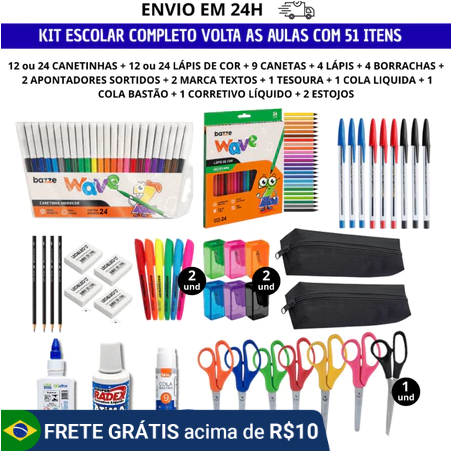 Kit Material Escolar Estojo Completo 51 Itens Volta às Aulas Com Estojos Canetinha e Lápis de Cor 12 ou 24 Cores