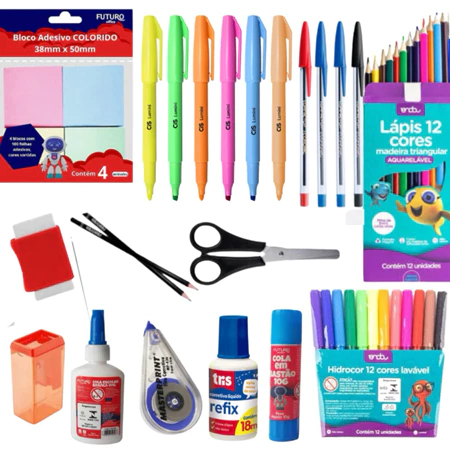 kit 47 Itens Material Escolar Volta as aulas ensino médio Básico caneta lápis texto corretivo
