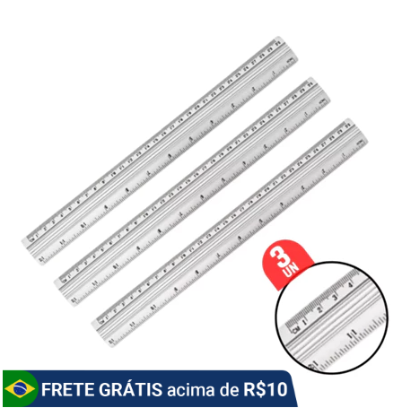 Kit 1/3/6/9 Réguas Alumínio 30cm Escolar Material Milimetro Polegadas Volta as Aulas Escritório Papelaria Aço Inoxidavel