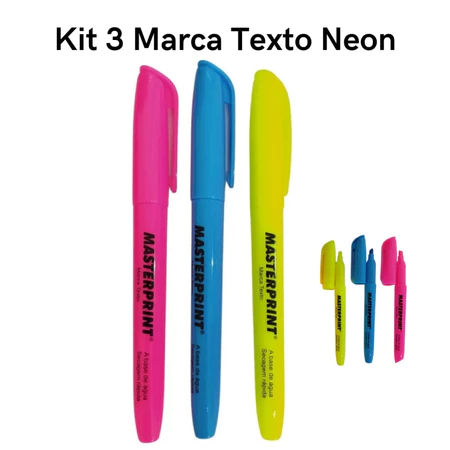 Kit 3 Canetas Marca Texto Neon Rosa Azul Amarelo Escolar Grifa Texto Masterprint