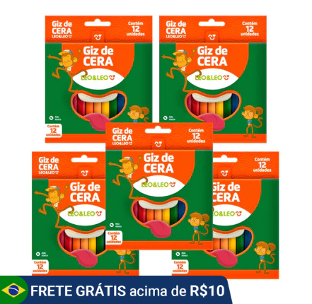 KIT 5 Giz De Cera Fino 12 Cores 8x88mm Leo E Leo